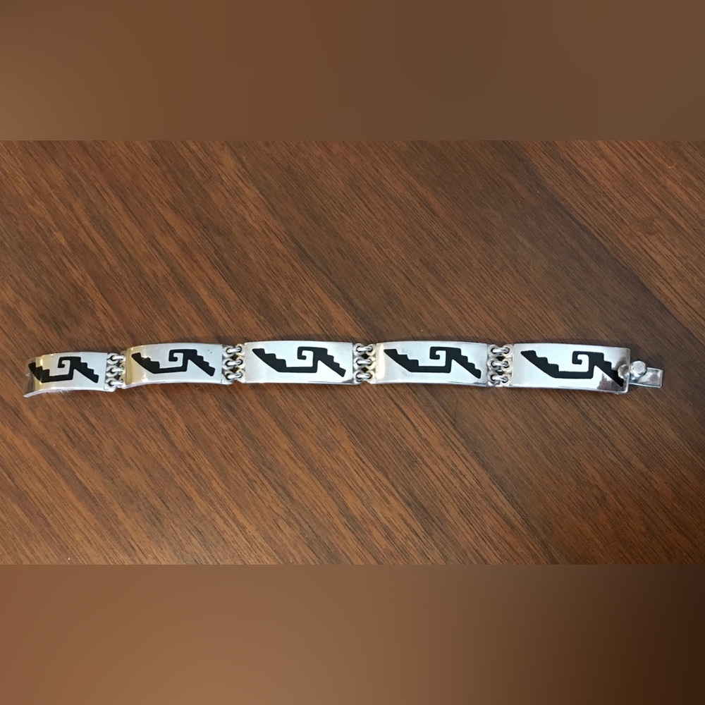 Vintage Taxco Mexico Sterling Silver/ Enamel Aztec Panel Link Bracelet TN-54 925